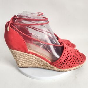 Unisa Red Laser Cut Women's Sandals Size 8 Espadrille Wedge Open Toe Ankle Tie